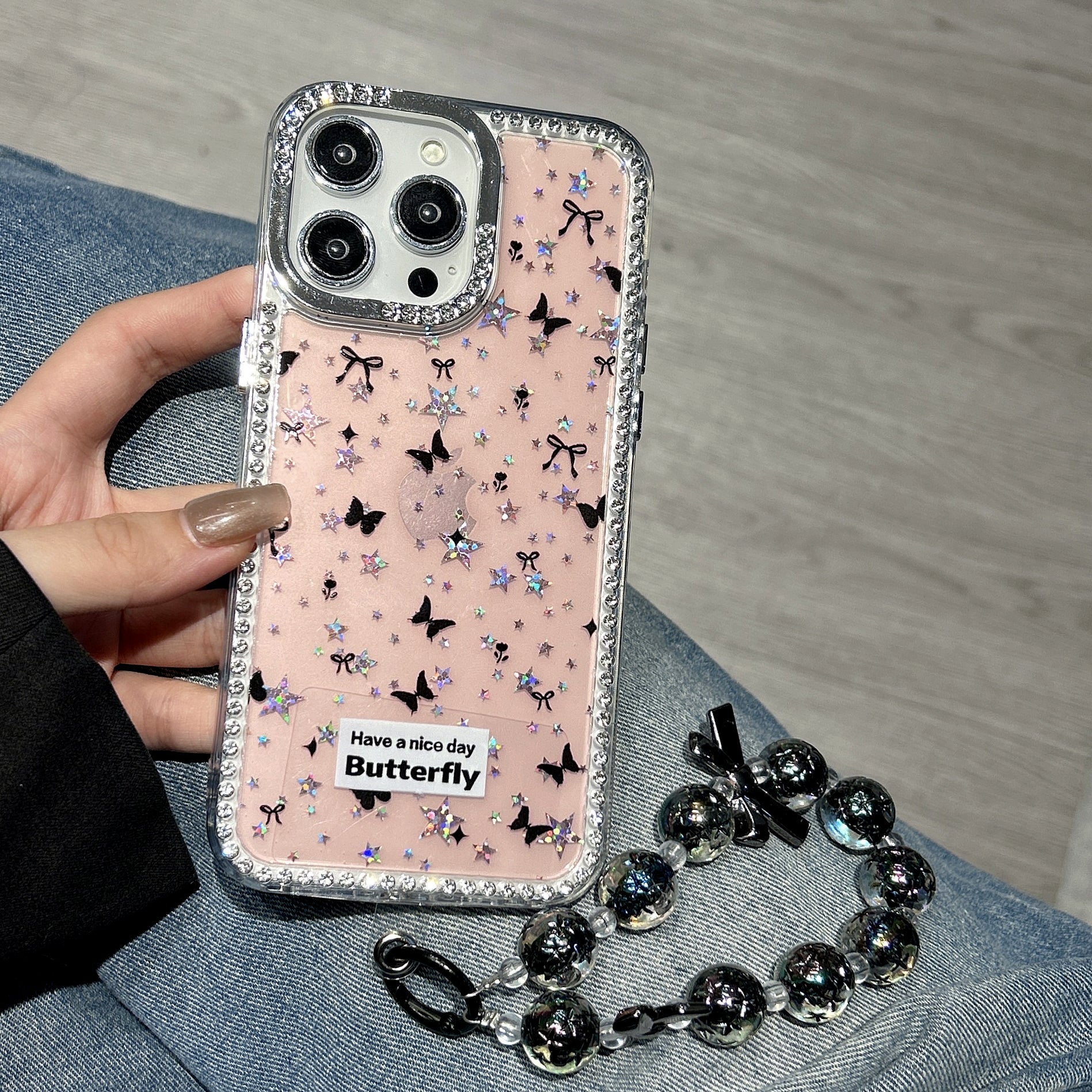 Pink Butterfly Glitter iPhone Case with Beaded Wrist Strap – Sparkly Protective Cover