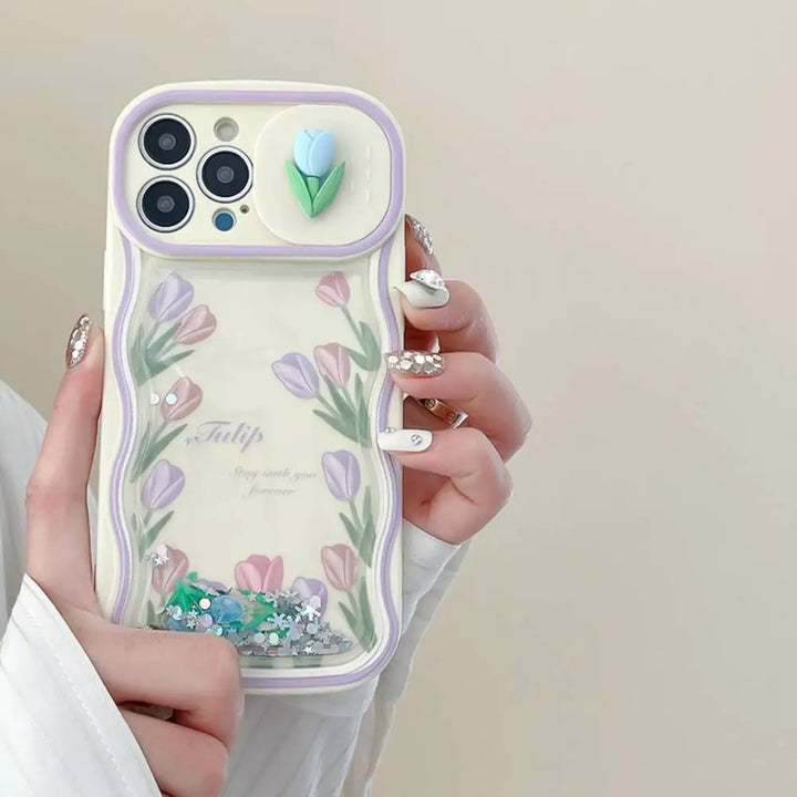 Floral Slider With Glitter Falling Case