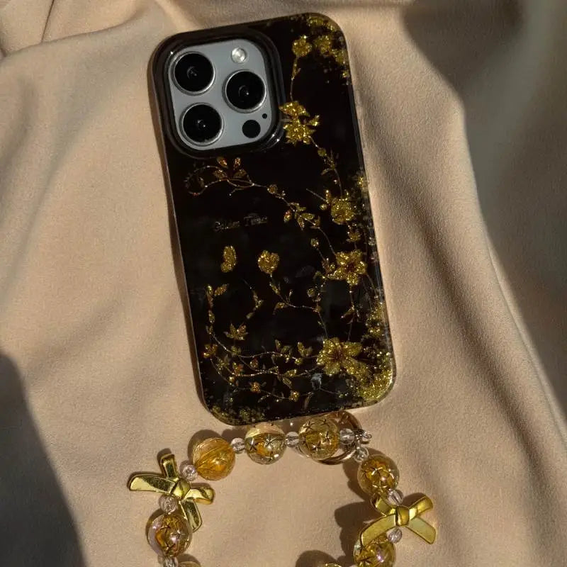 Black Golden Bloom Luxe iPhone Case with Charm