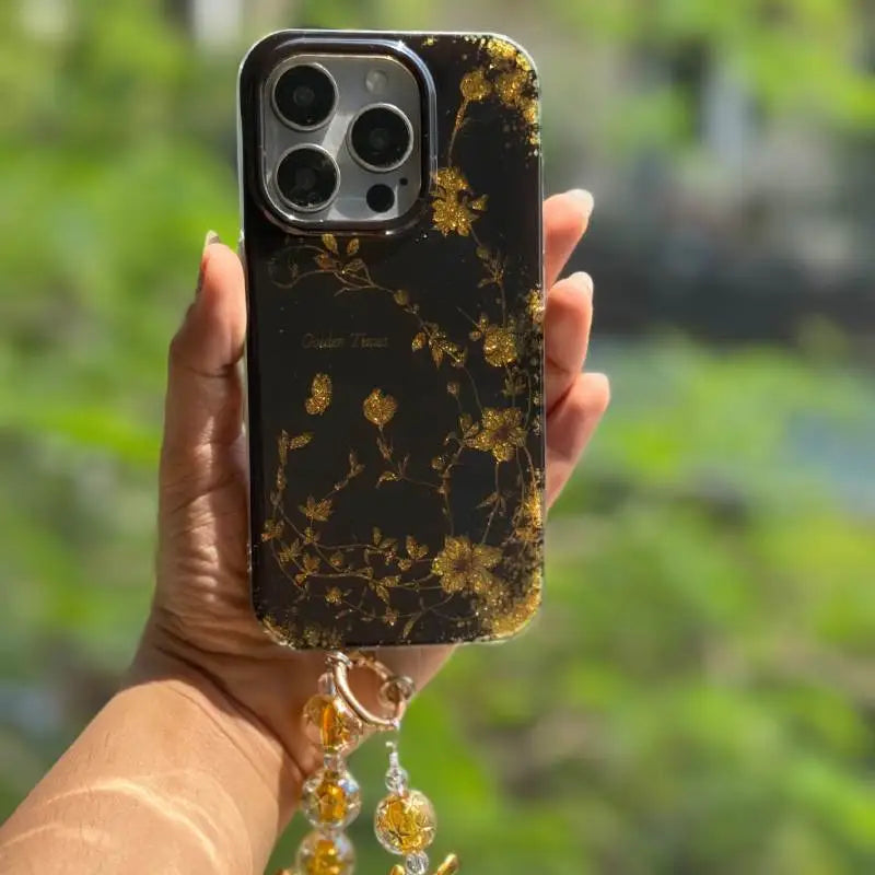 Black Golden Bloom Luxe iPhone Case with Charm