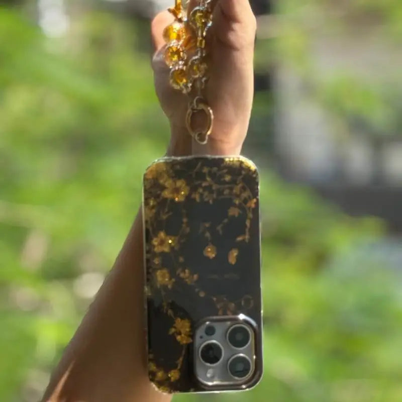 Black Golden Bloom Luxe iPhone Case with Charm