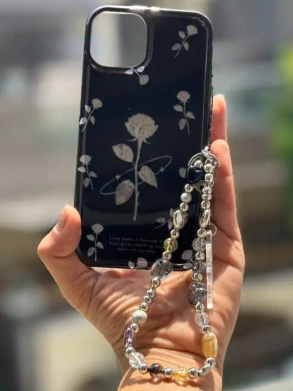 Midnight Bloom Silver Rose Case with Beaded Charm