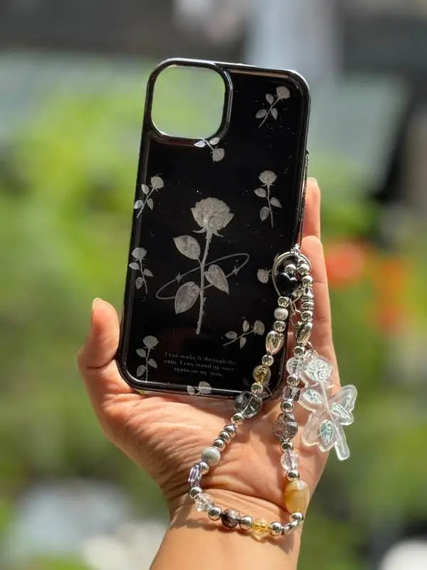 Midnight Bloom Silver Rose Case with Beaded Charm