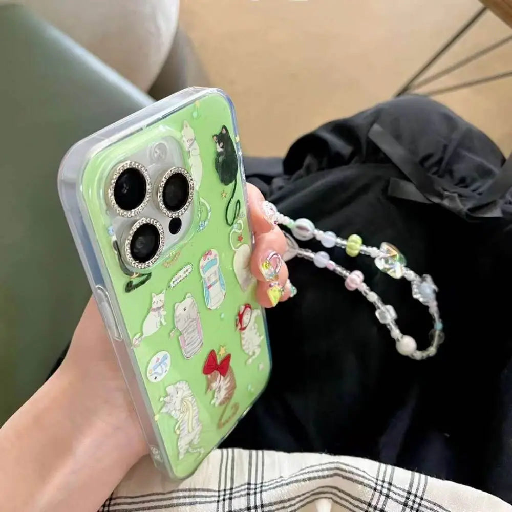 Whimsical Cats Phone Case With Beaded Strap