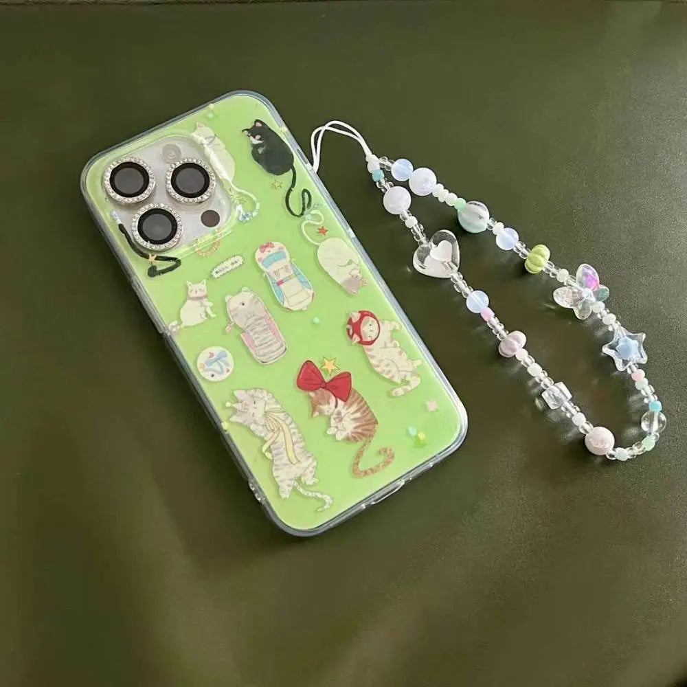 Whimsical Cats Phone Case With Beaded Strap