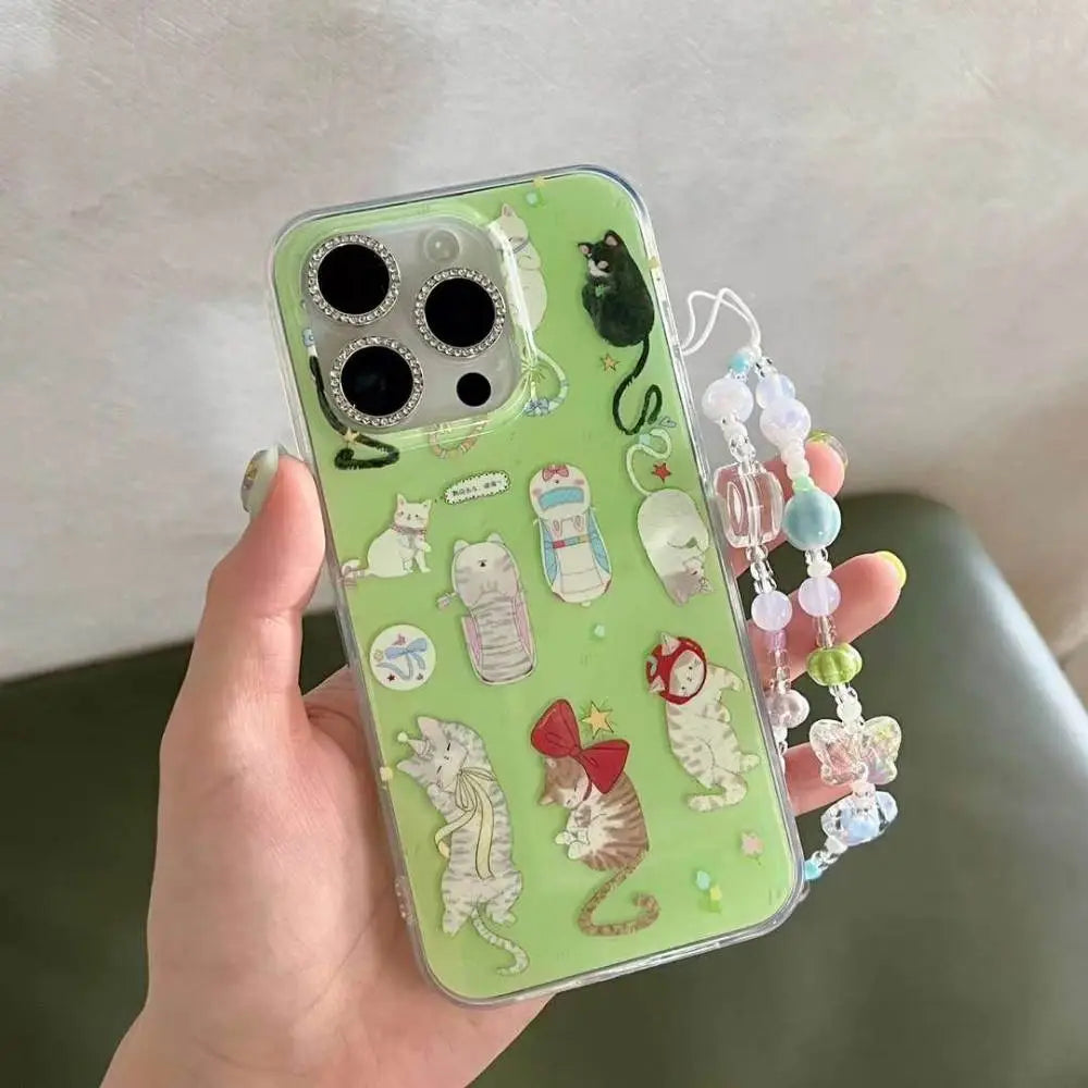 Whimsical Cats Phone Case With Beaded Strap
