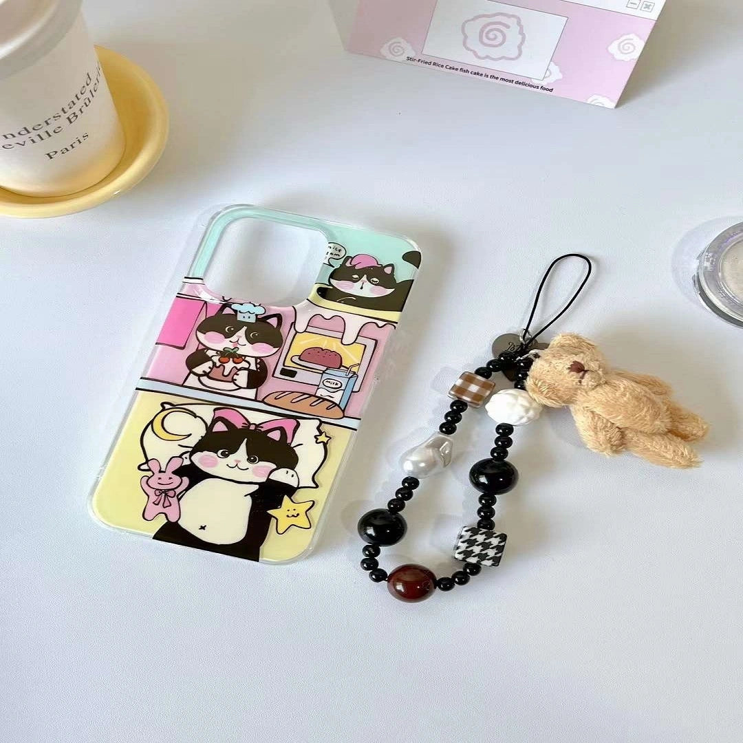 Adorable bakery cat with teddy pendant charm case