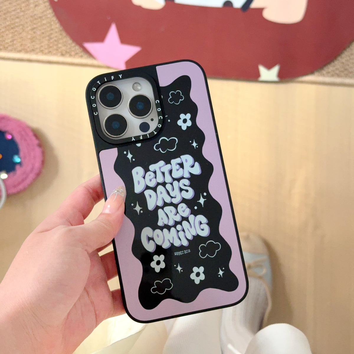Better Days Are Coming Quote iPhone Case – Aesthetic Pink and Black Wavy Design