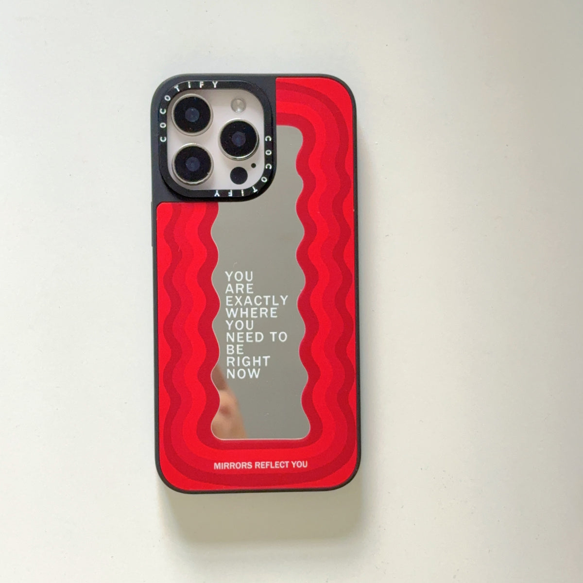 Motivational Mirror iPhone Case – “You Are Exactly Where You Need to Be” Red Wavy Design