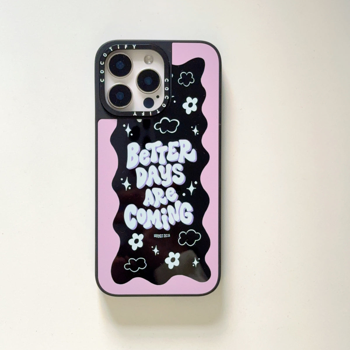 Better Days Are Coming Quote iPhone Case – Aesthetic Pink and Black Wavy Design