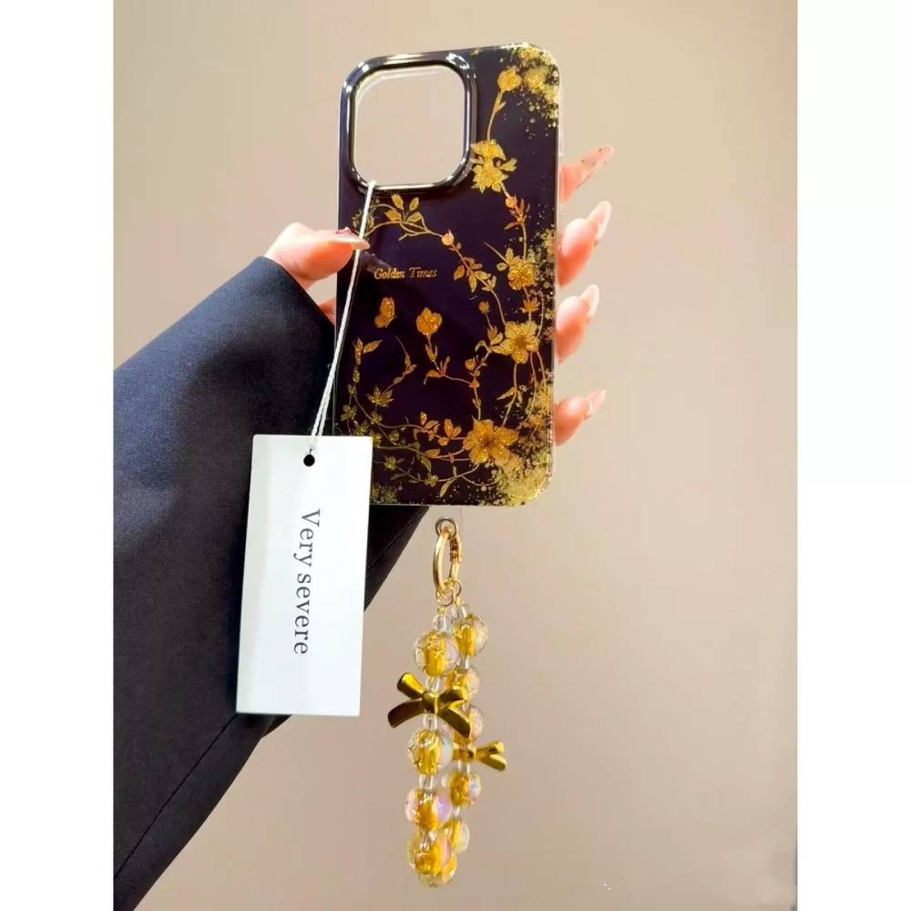 Black Golden Bloom Luxe iPhone Case with Charm