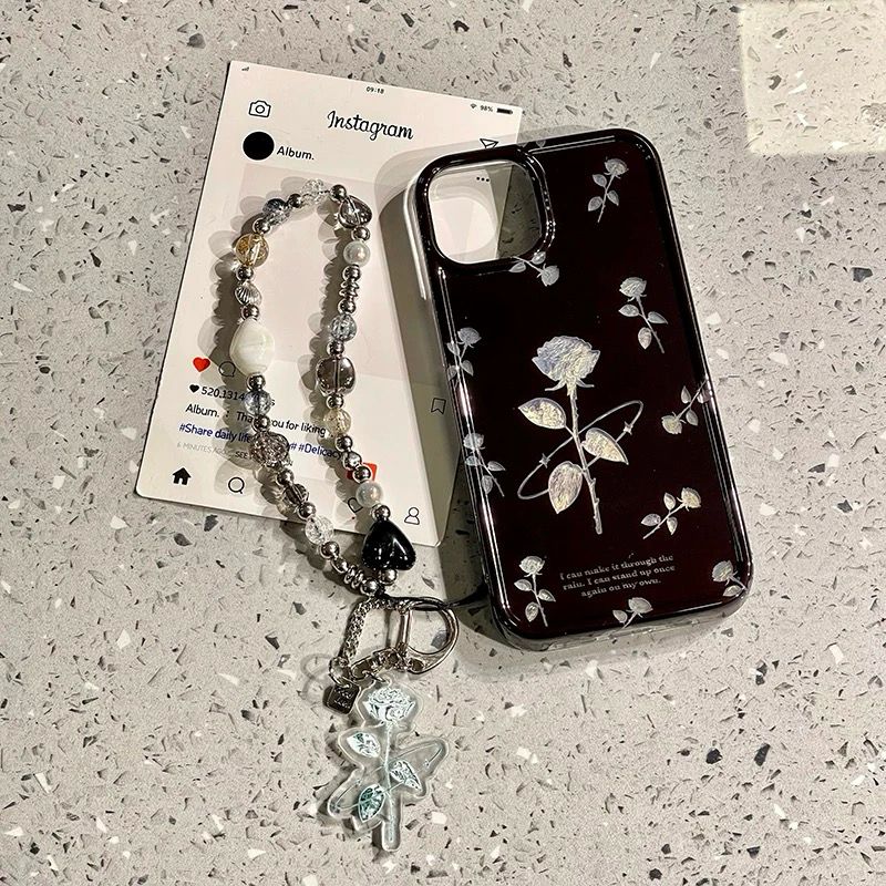 Midnight Bloom Silver Rose Case with Beaded Charm