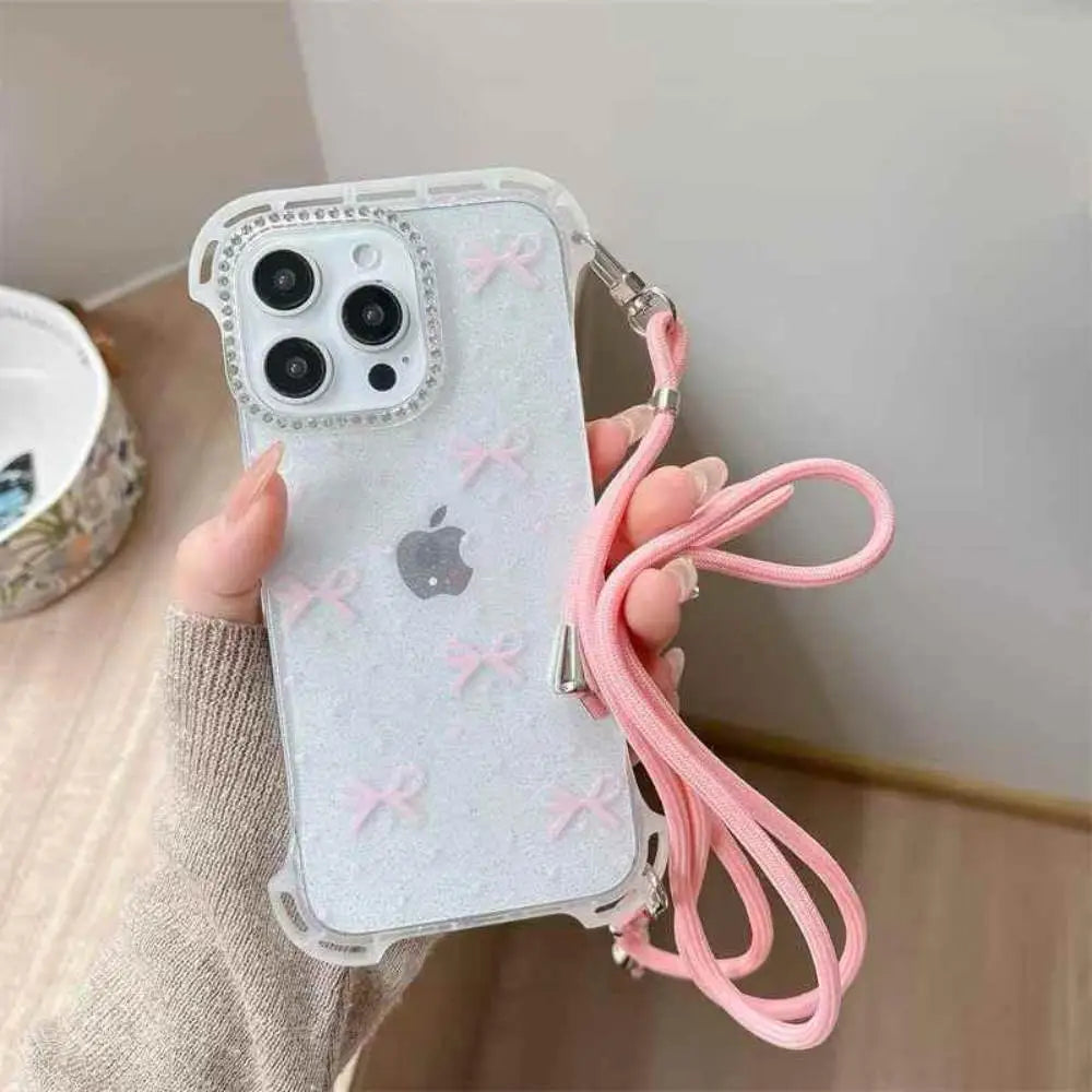 Shimmer pink Clear Butterfly Case with Hanging Lanyard