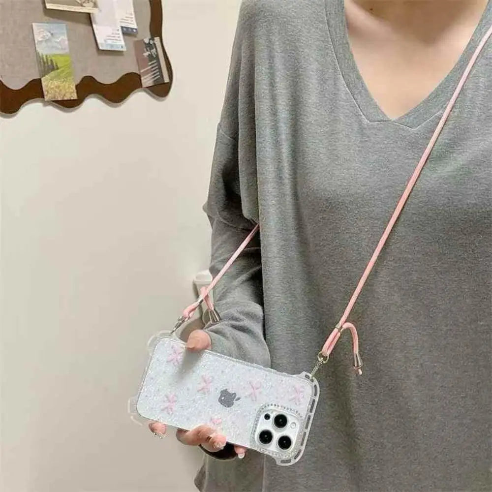 Shimmer pink Clear Butterfly Case with Hanging Lanyard