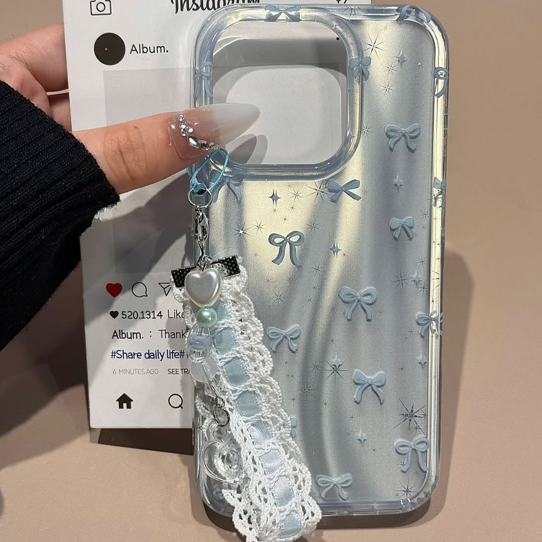 Frosty Satin Bows iPhone Case with Crochet Wrist Strap