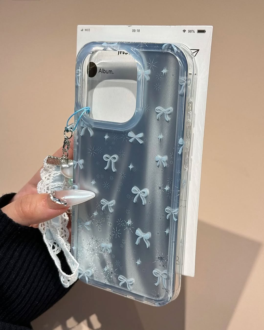 Frosty Satin Bows iPhone Case with Crochet Wrist Strap