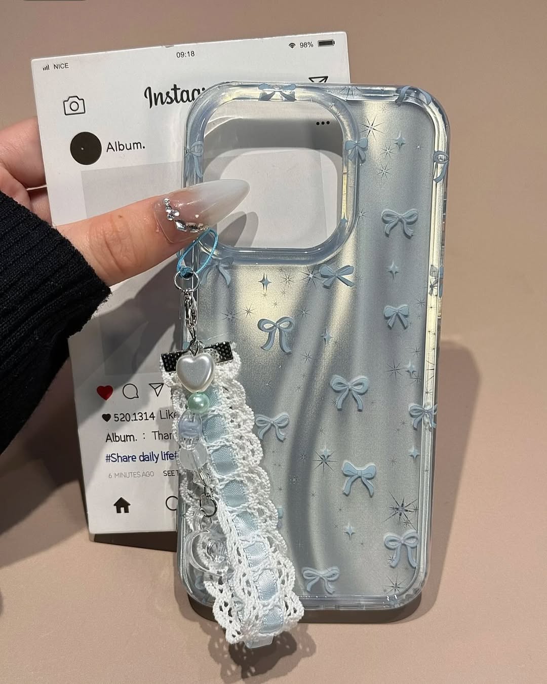 Frosty Satin Bows iPhone Case with Crochet Wrist Strap