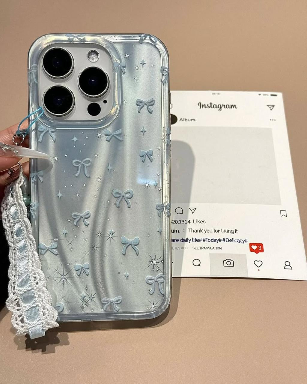 Frosty Satin Bows iPhone Case with Crochet Wrist Strap