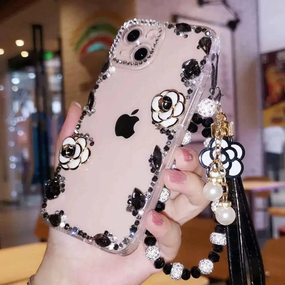Floral Pearl Stone Case With Charm