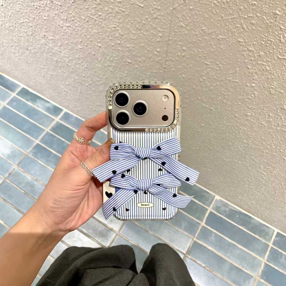 Blue Striped Double Bow iPhone Case | Cute Heart Phone Cover