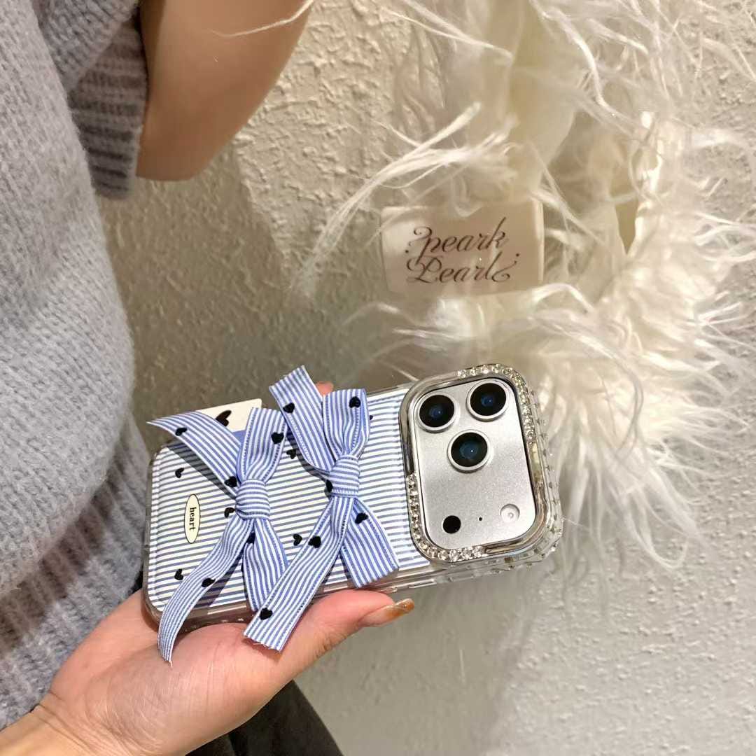 Blue Striped Double Bow iPhone Case | Cute Heart Phone Cover