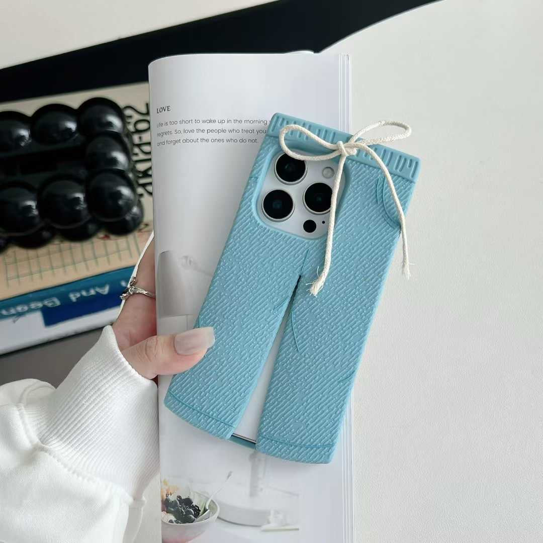 Trendy Blue Pants-Style Phone Case with Cute Drawstring Design