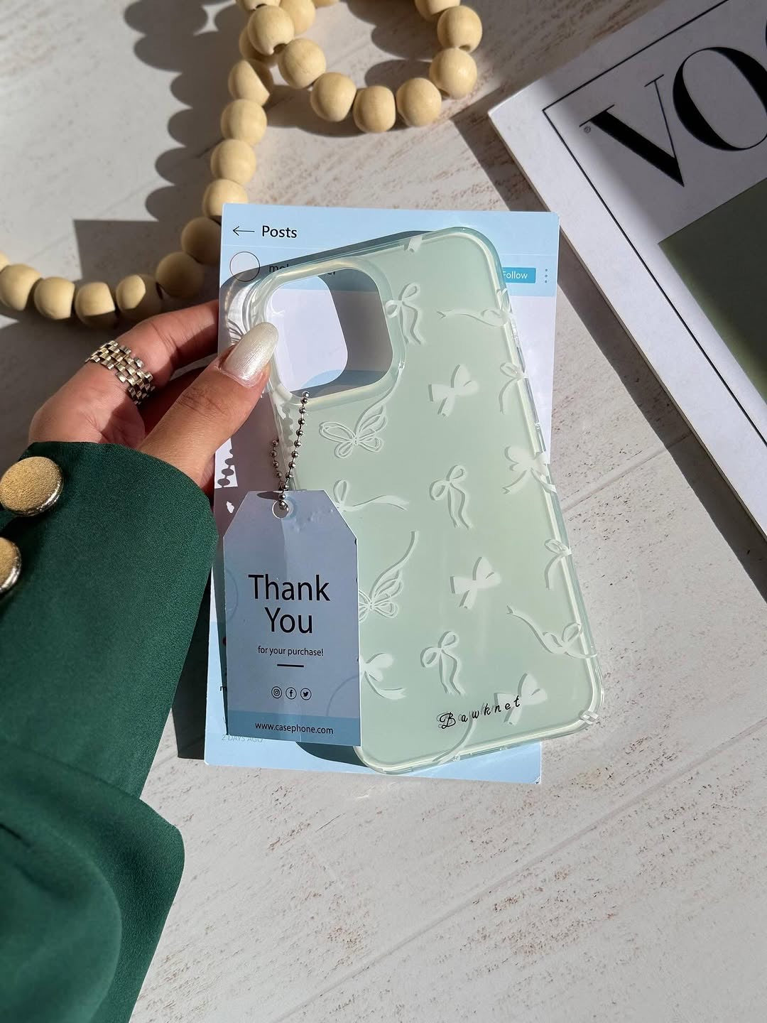 Mint Green Bow iPhone Case with Pearl Charm – Cute Butterfly Clear Cover