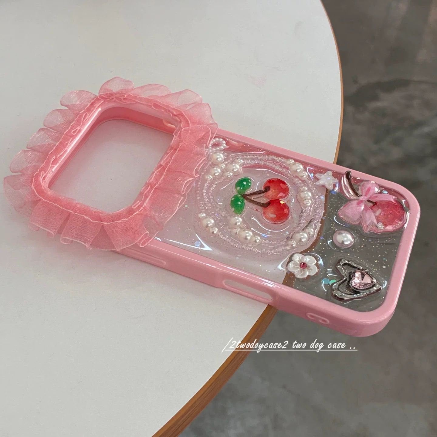 Cherry Charm Glitter iPhone Case – Cute Y2K Pearl Bow Phone Cover