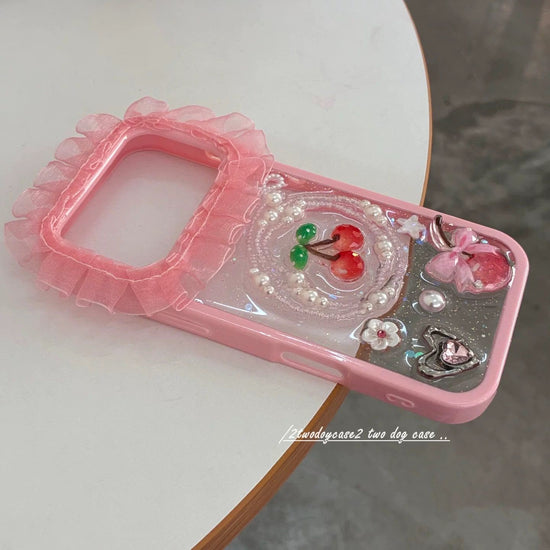 Cherry Charm Glitter iPhone Case – Cute Y2K Pearl Bow Phone Cover