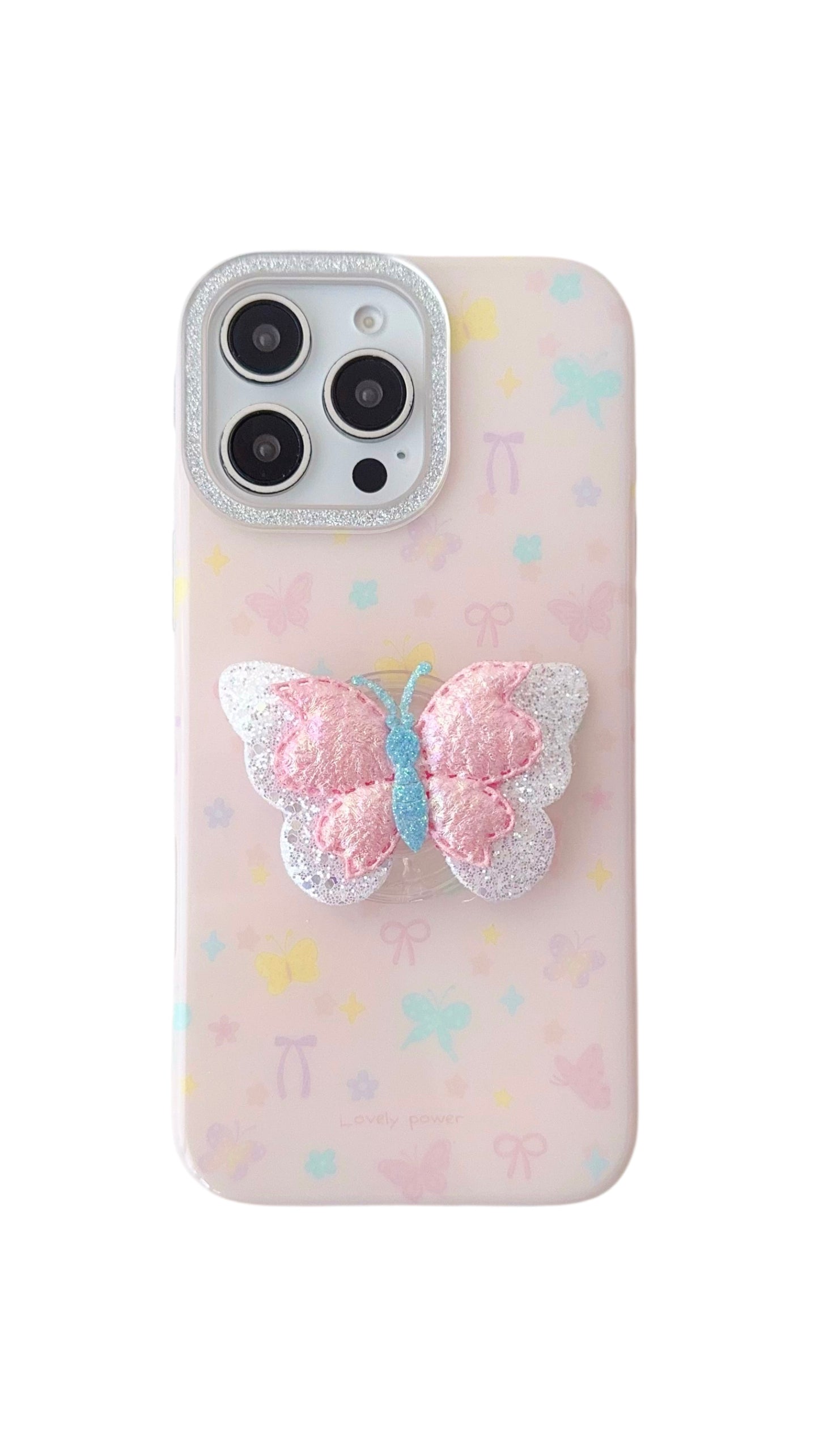 Pastel Butterfly 3D Glitter iPhone Case – Cute & Protective Cover for Girls with hand grip