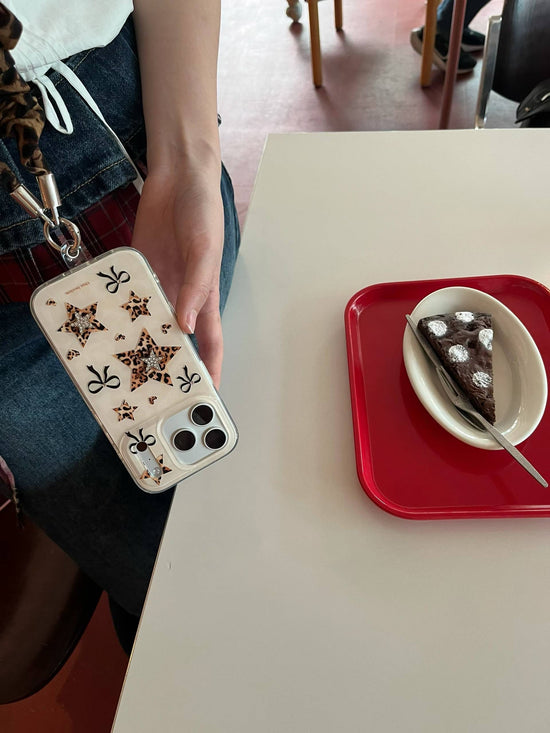 Leopard Bow Star iPhone Case with Wrist Strap – Cute Aesthetic Printed Phone Cover