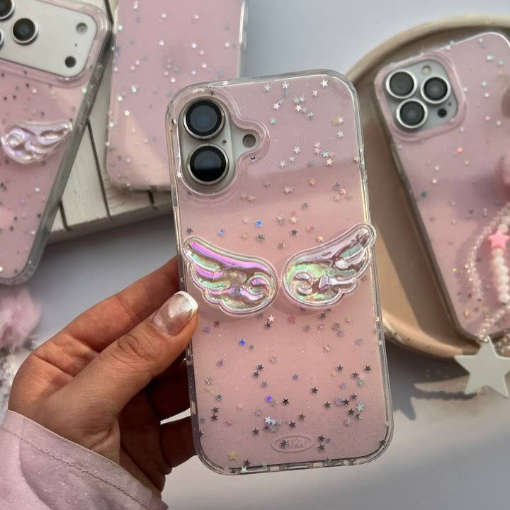 Angel Wings Pink iPhone Case – Glitter Star Design with Furry Pom-Pom & Star Charm