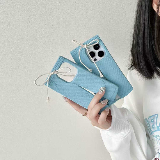 Trendy Blue Pants-Style Phone Case with Cute Drawstring Design