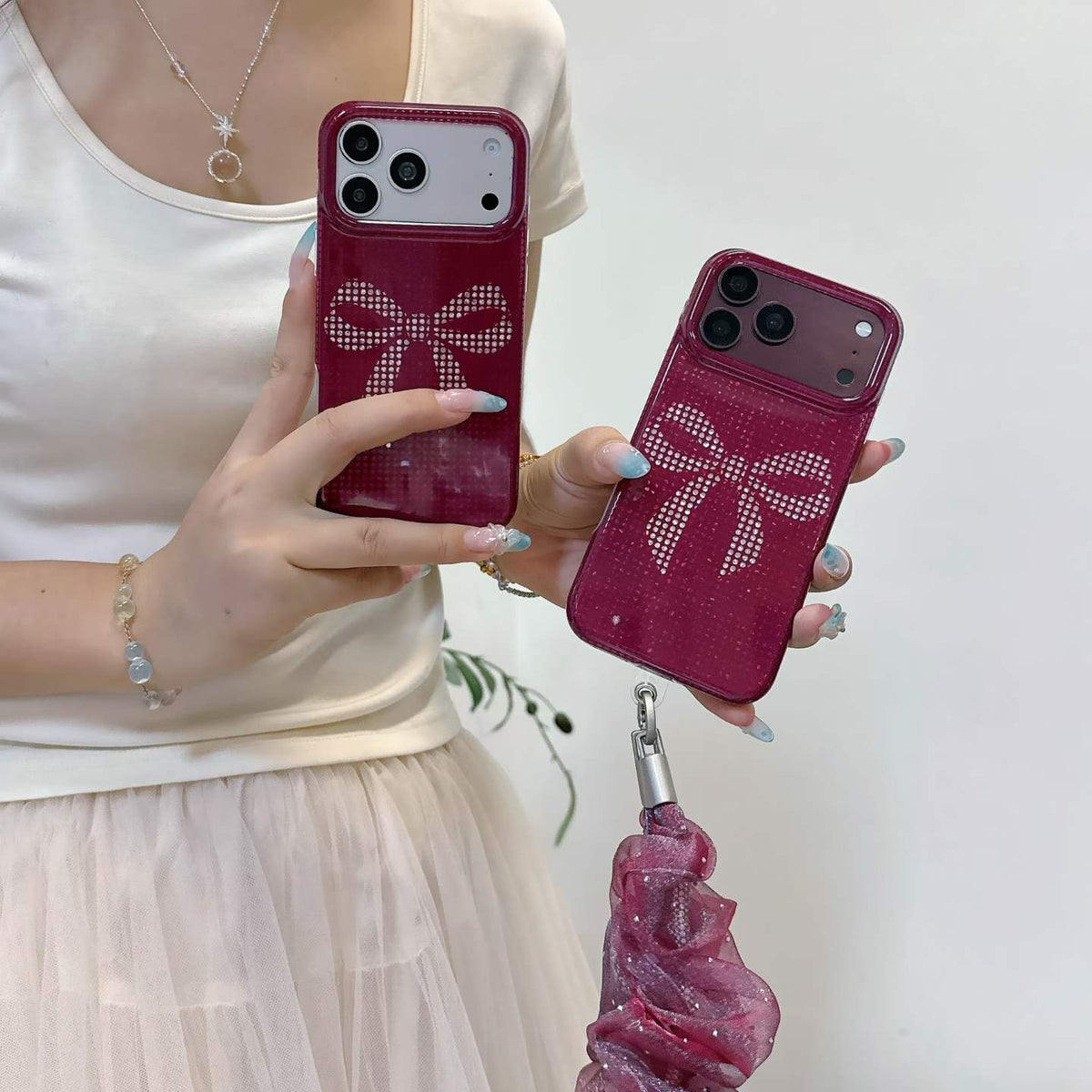 Pink Rhinestone Bow iPhone Case with Scrunchie Strap – Glamorous Aesthetic Phone Cover