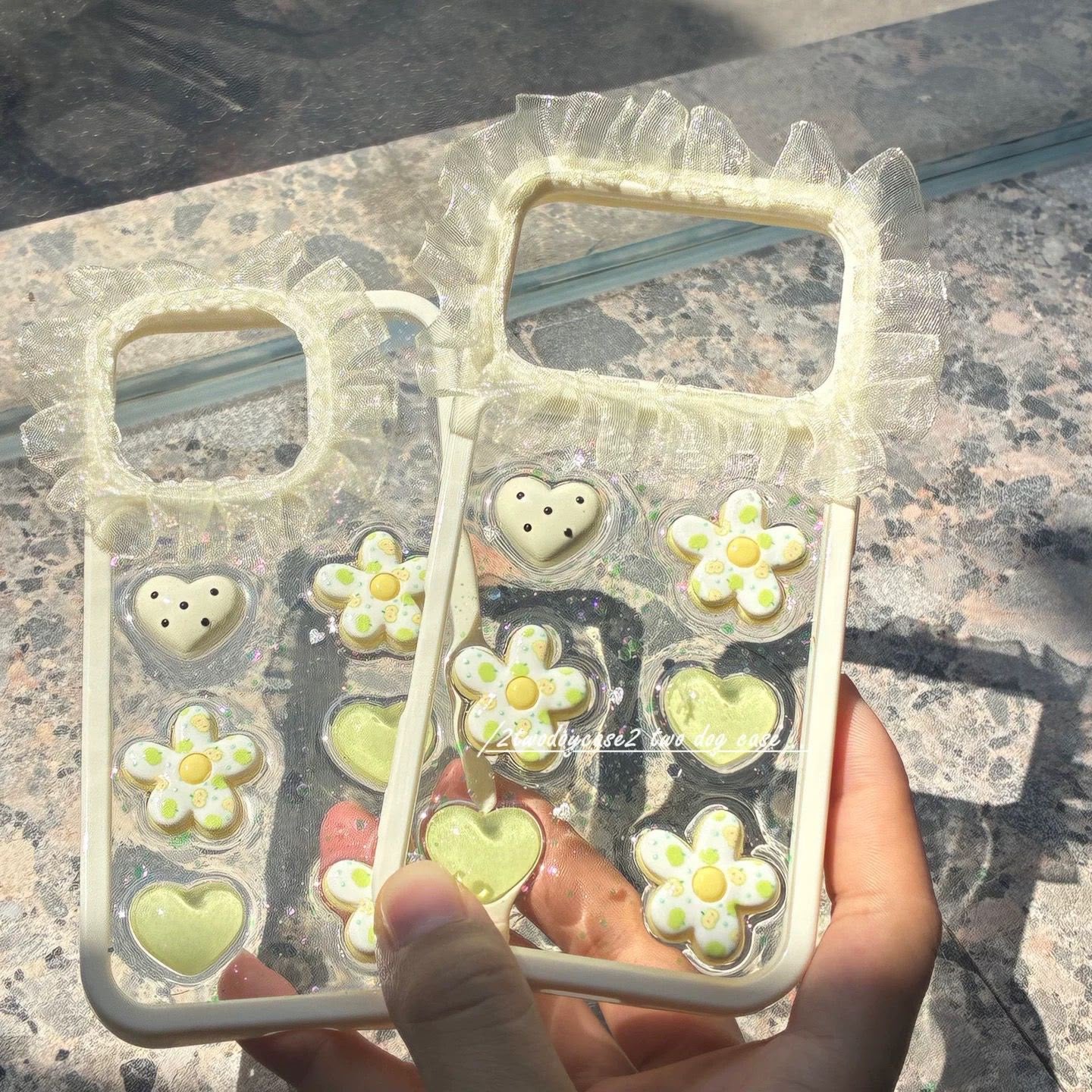 Ruffle Daisy Clear iPhone Case – Cute Heart Flower Glitter Phone Cover