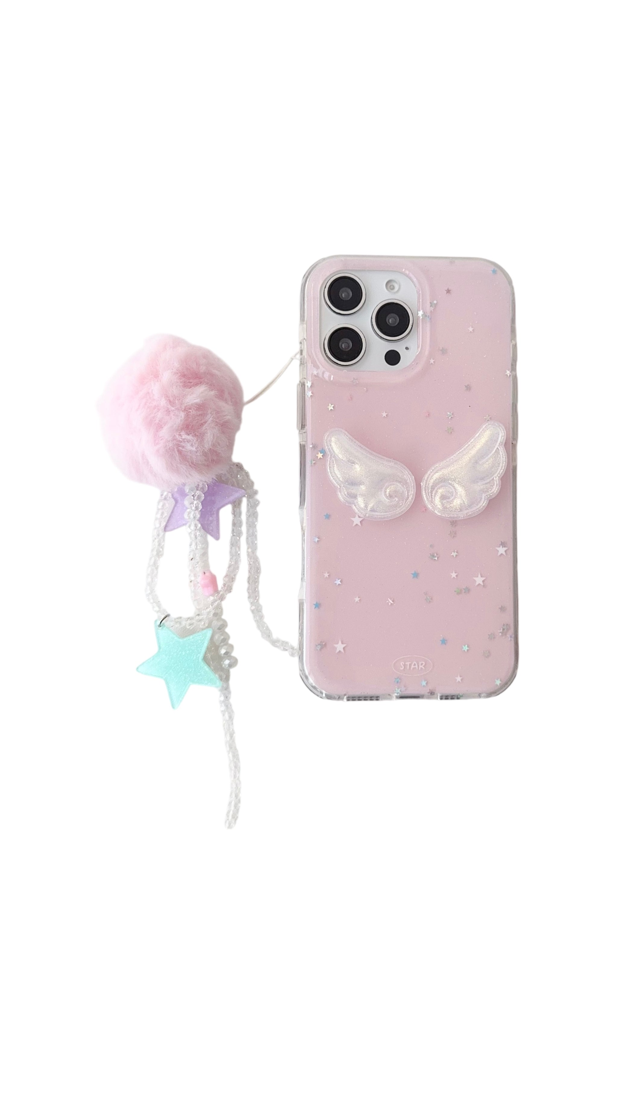 Angel Wings Pink iPhone Case – Glitter Star Design with Furry Pom-Pom & Star Charm