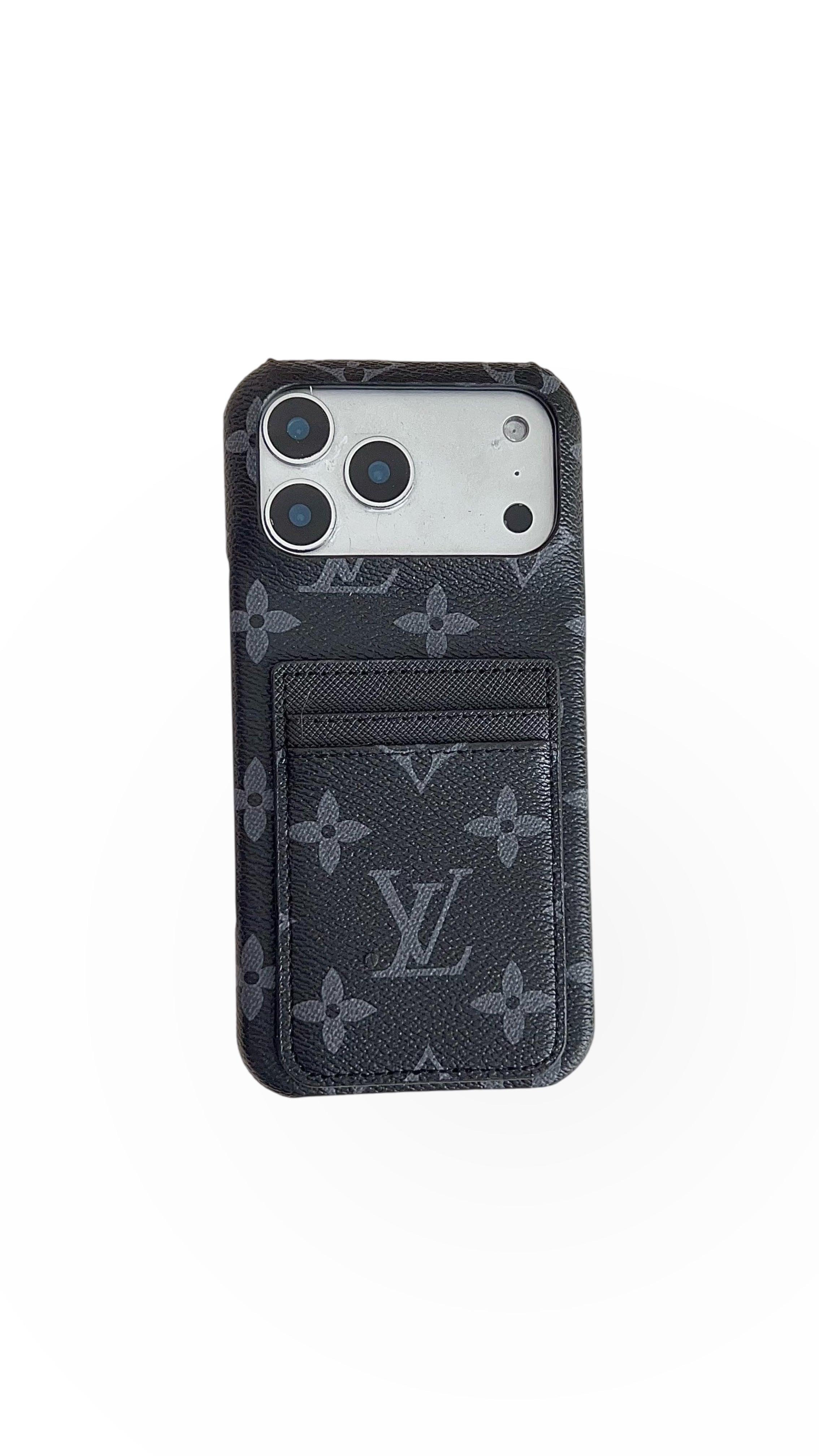 Premium Leather Wallet iPhone Case – Elegant Monogram Design with Card Holder