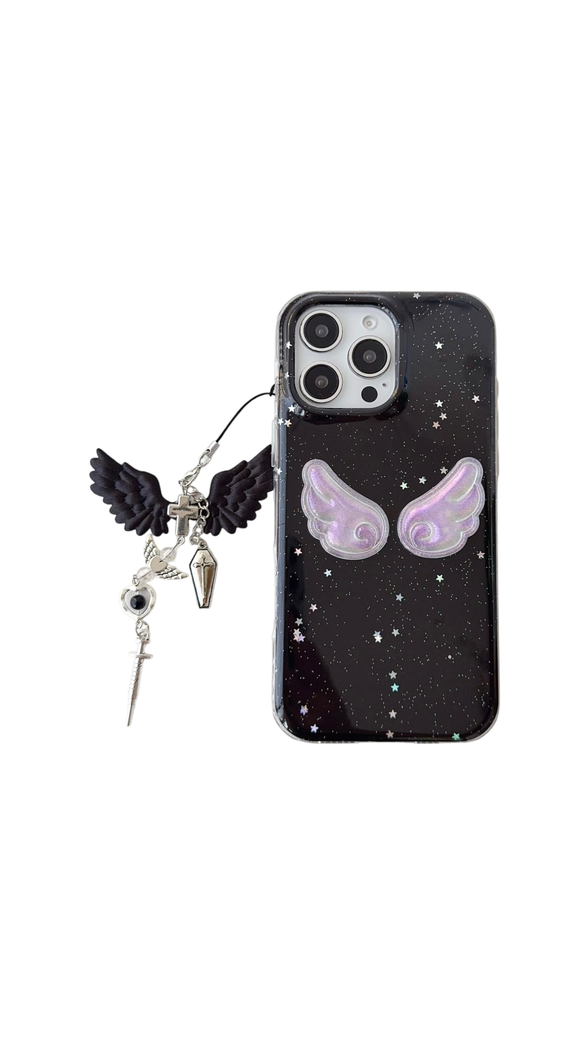 Midnight Angel Wings iPhone Case – Black Glitter Galaxy Design with Gothic Charm