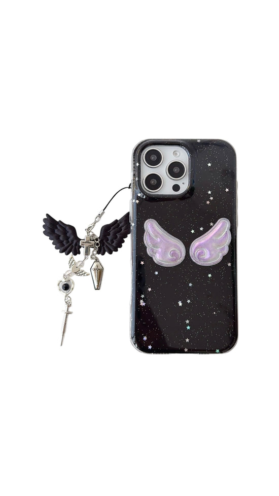 Midnight Angel Wings iPhone Case – Black Glitter Galaxy Design with Gothic Charm