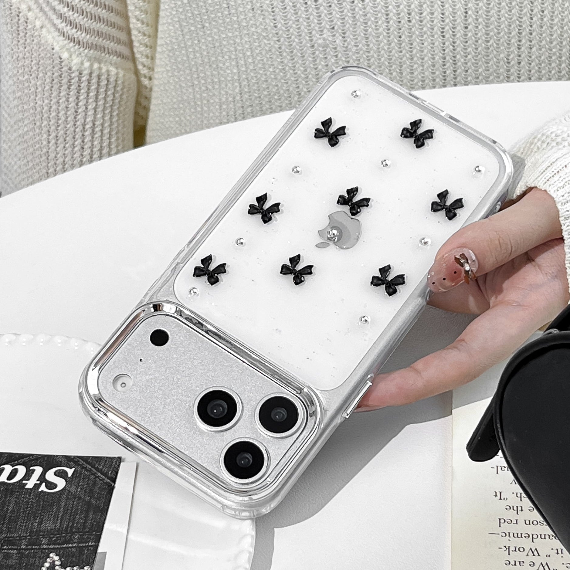 Stylish Clear Phone Case with Black Bow Charms—Cute Protective Cover Stylish Clear Phone Case with Black Bow Charms—Cute Protective Cover