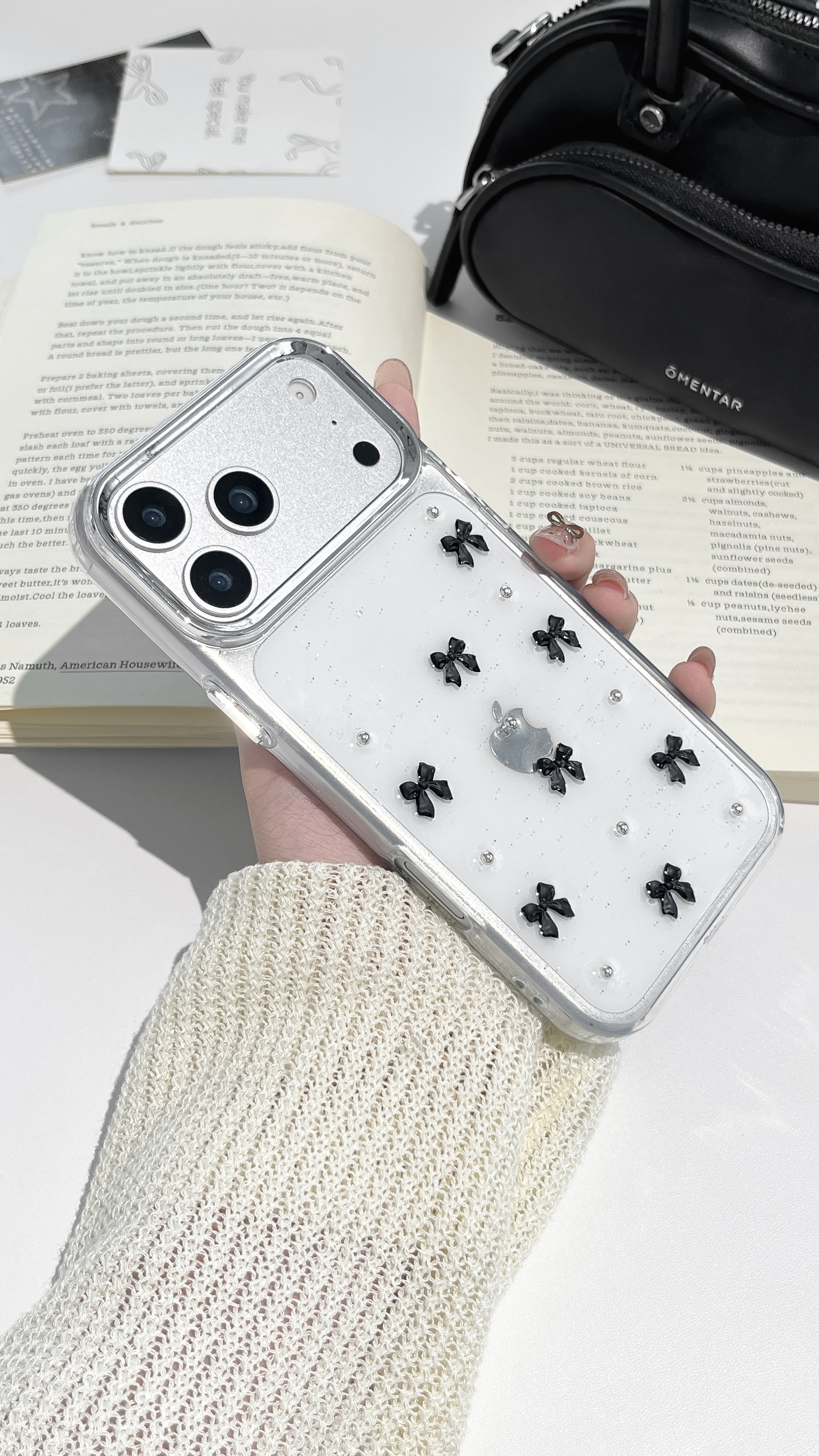 Stylish Clear Phone Case with Black Bow Charms—Cute Protective Cover