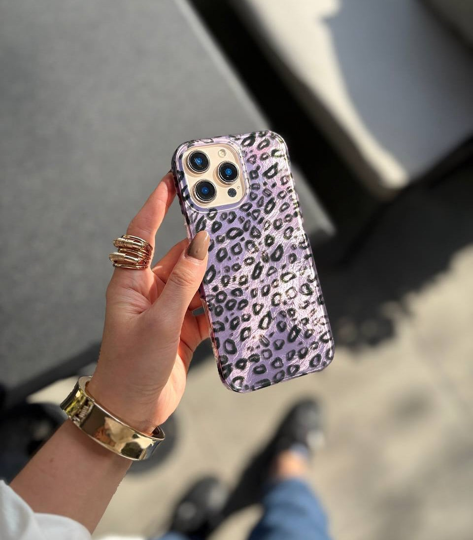 Purple Leopard Print iPhone Case with Charm Strap | Stylish Protective Phone Cover