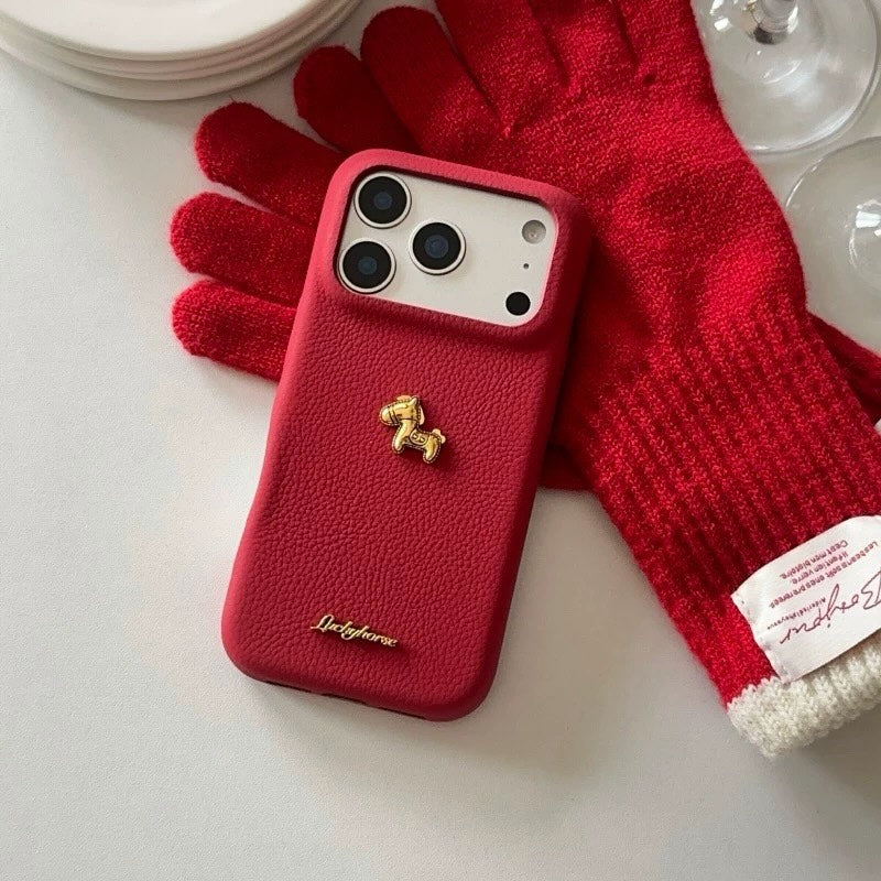 Premium Red Leather iPhone Case with Golden Horse | Slim & Stylish Cover