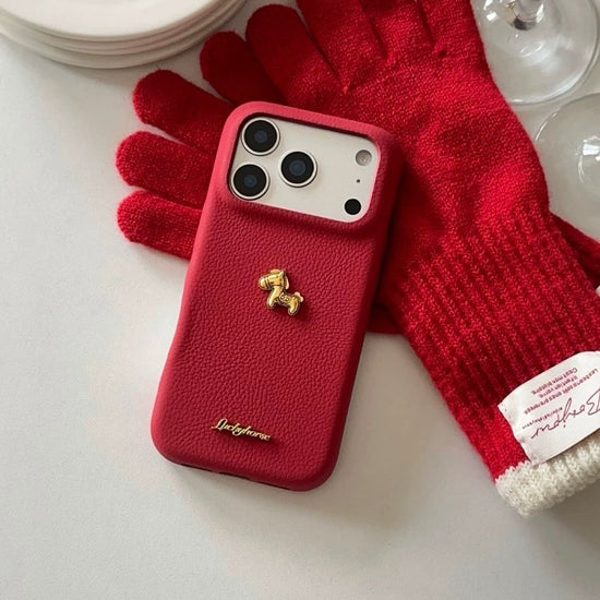 Premium Red Leather iPhone Case with Golden Horse | Slim & Stylish Cover