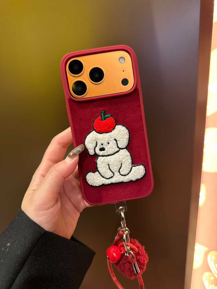 Cute Red Dog Phone Case with Apple Patch by Soft Grip and Wrist Strap