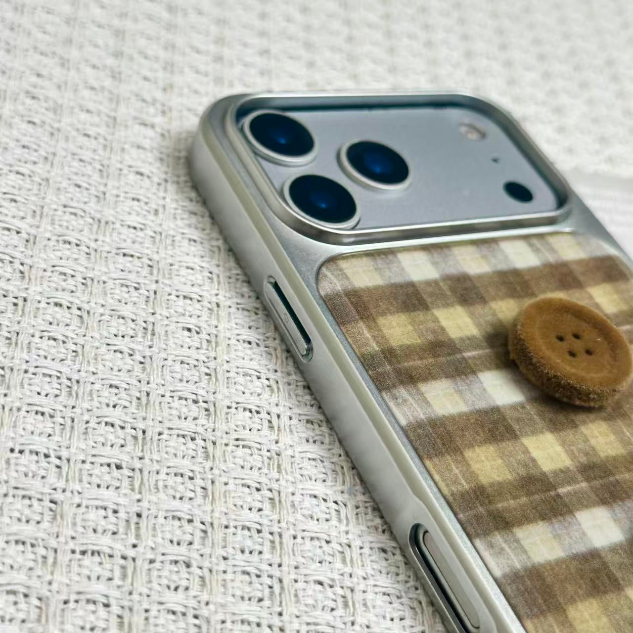 Cozy Vintage Plaid Button iPhone Case | Cute Korean Phone Cover