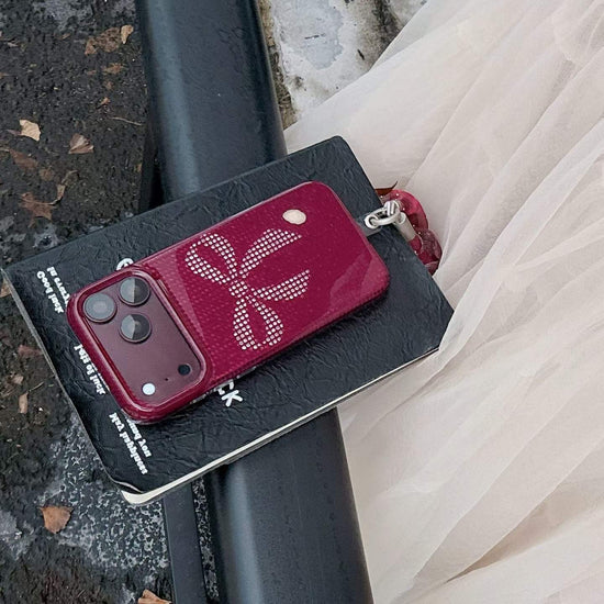 Pink Rhinestone Bow iPhone Case with Scrunchie Strap – Glamorous Aesthetic Phone Cover