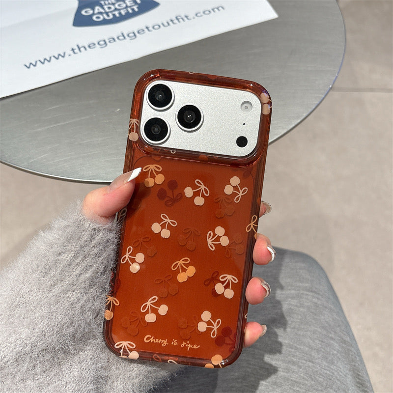 Cherry Print Bow Phone Case | Retro Brown Aesthetic Protective Cover