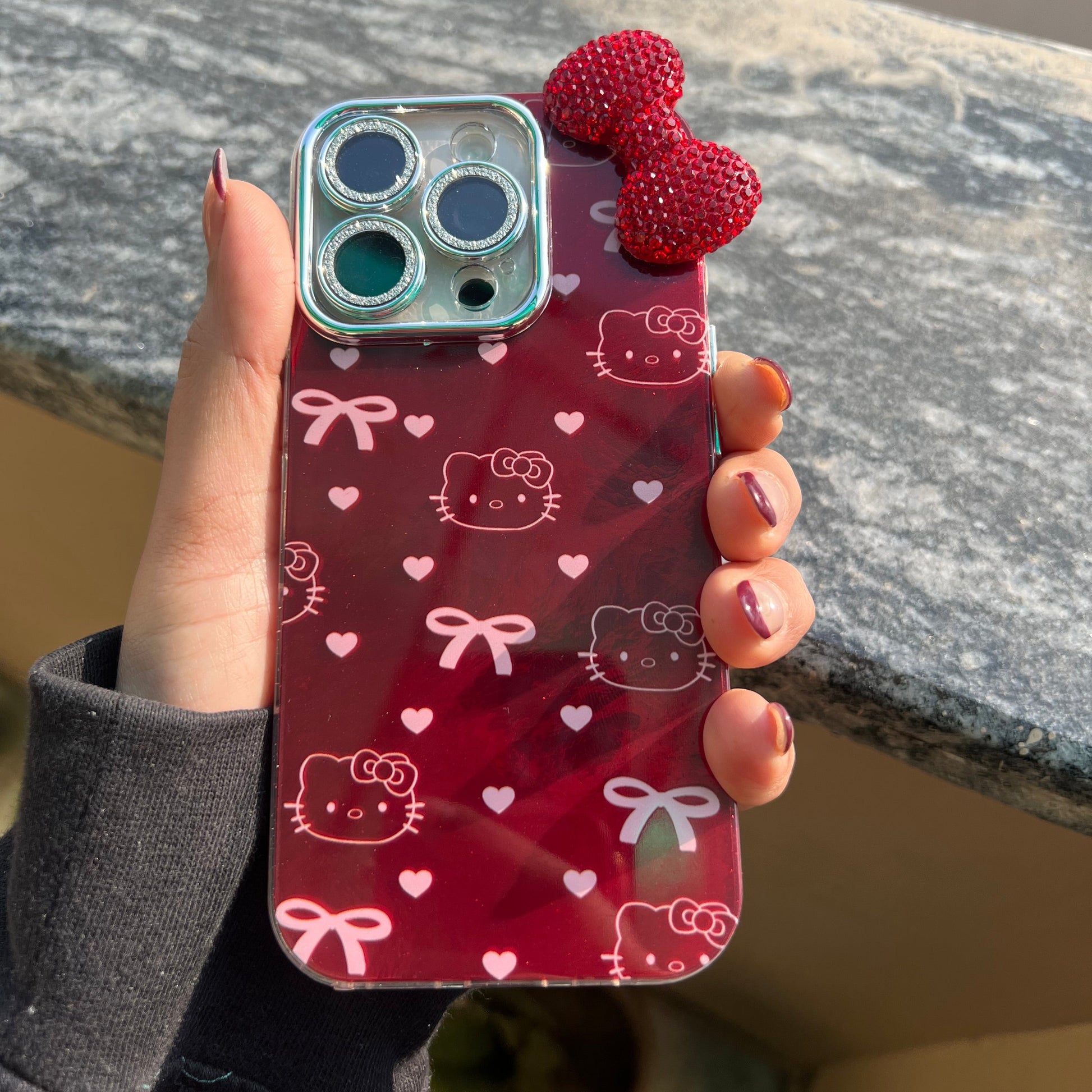 Red Cute Bow Printed iPhone Case with Sparkle Camera Protection