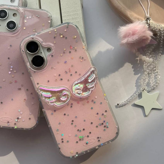 Angel Wings Pink iPhone Case – Glitter Star Design with Furry Pom-Pom & Star Charm